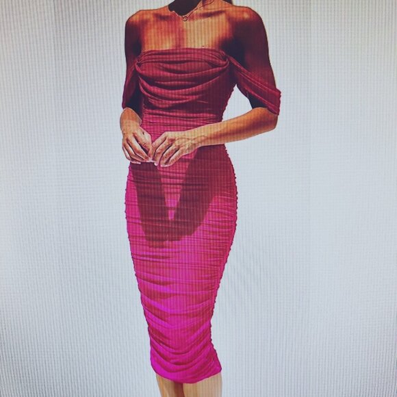 PrettyGarden Dresses & Skirts - PrettyGarden Fashion/Casual-Pink (Rose Red) Off Shoulder-Rushed Fitted Mini-Smal